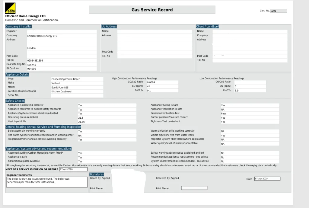 Boiler Service Certificate