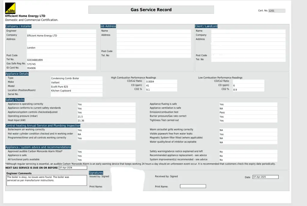 Boiler Service Certificate