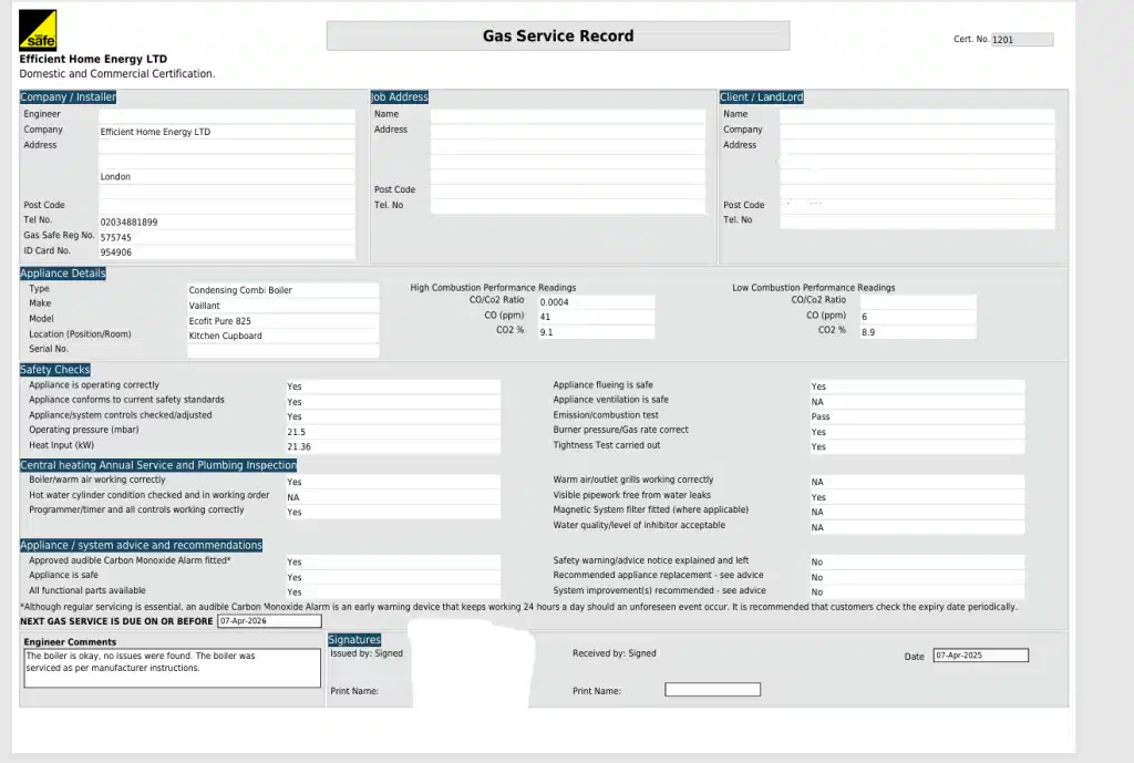 Boiler Service Certificate